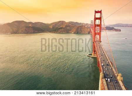 Golden Gate Bridge Aerial View At Sunset