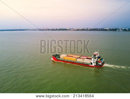 Red Container Ship in the gulf of Thailand