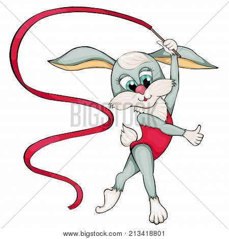 Hare and Rhythmic Gymnastics.  Cartoon style. Isolated image on white background. Clip art for children.