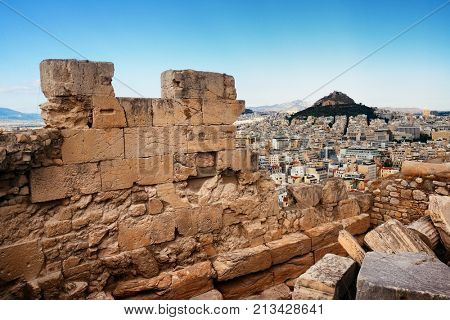Mt Lykavitos and ruins in Acropolis in Athens, Greece.