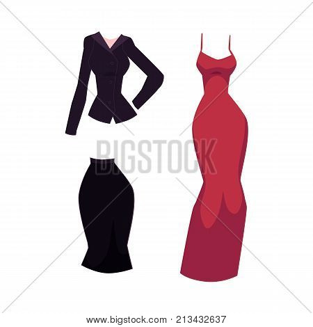 vector flat office suit uniform skirt and blouse and luxury red Evening, coctail Dress. Outfit set. Fashionable trendy style women s, female clothing. Isolated illustration on a white background.