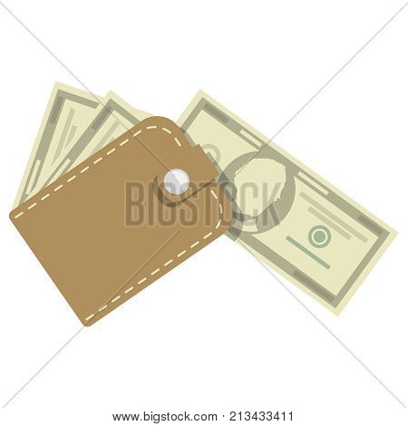 A few dollar bills in a brown wallet. The concept of monetary profit. Vector illustration.