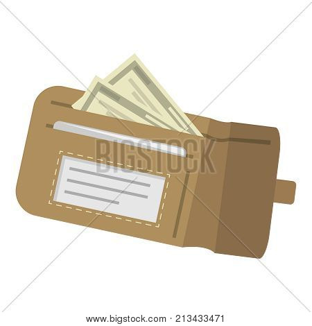 A few dollar bills lie in a brown purse. The concept of monetary profit. Vector illustration.