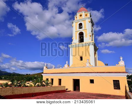Tower of the San Francisco de Asis Church being by the main square in Trinidad the most tourist city on Cuba