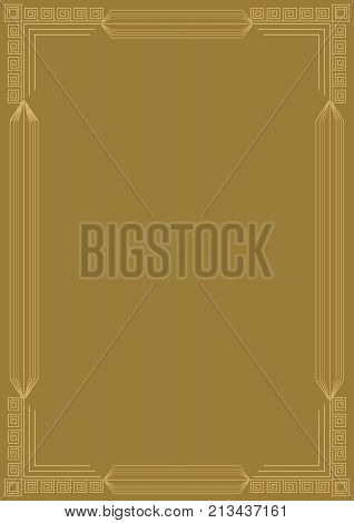 Golden embossed art deco frame. Relief geometric patterns on gold background. Luxurious antique document background for certificate, diploma, voucher, Vector EPS 10