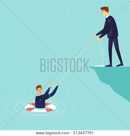Businessman saves the drowning man. Flat design vector illustration.