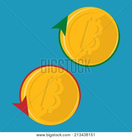 Two golden coins with the sign of bitcoin. Around the red and green arrows. On a blue background. The concept of finance. Vector illustration.