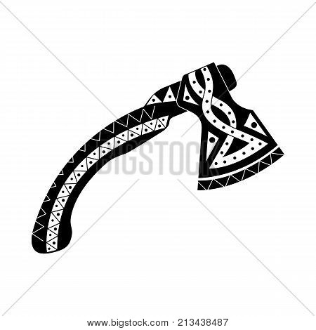 Viking Ax with patterns. Silhouette  axe icon isolated on white background