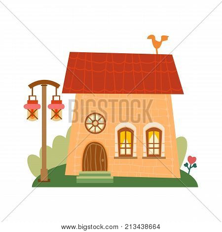 One of set of cute cartoon houses in childlike style. Sweet home. Lovely background with a cozy house