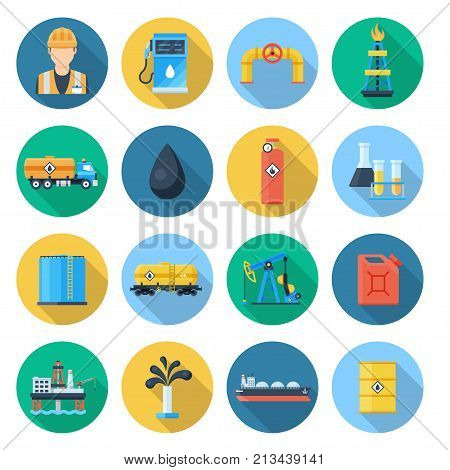 Oil and gas industry set. Petroleum industry and natural gas fields exploration, drilling, refining, and processing. Vector flat style cartoon illustration isolated on white background