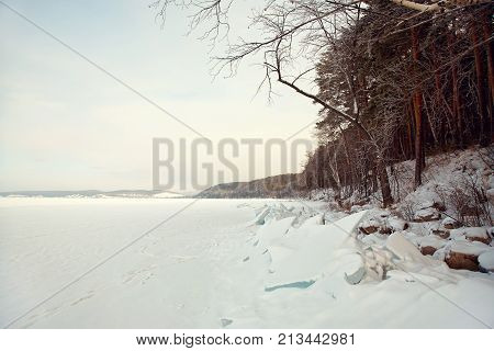 scenic winter landscape. view ice chunks with snow