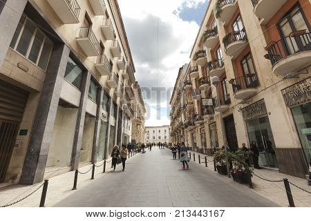 ORTYGIA, ITALY. April 3, 2015: Ortygia Sicily, Corso Giacomo Matteotti Street. A wide view of a street in the historical center of the island of Otigia. Syracuse in Sicily, Italy.