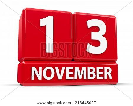 Red cubes - The Thirteenth of November - on a white table - World Kindness Day and International Day of the Blind three-dimensional rendering 3D illustration