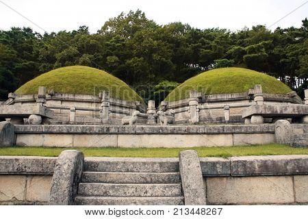 Tombs of King Kongmin (Konmin-van) and Queen Noguk, Koryo Dynasty, 14th-century mausoleum, Haeson-ri, Kaesong City, North Korea (DPRK). UNESCO world heritage site
