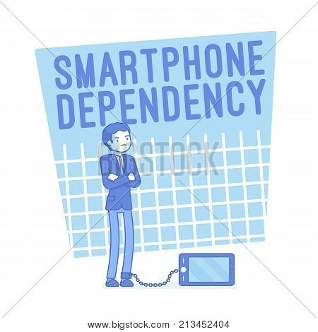 Smartphone dependency. Young man in mobile phone addiction, gadget linked anxiety and stress disorder symptoms, fight back fear. Vector lineart concept illustration