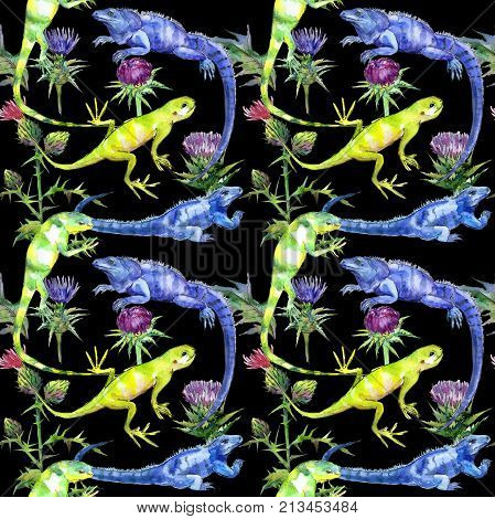 Exotic iguana pattern in a watercolor style. Full name of the reptilian: iguana. Aquarelle exotic reptilian for background, texture, wrapper pattern or tattoo.