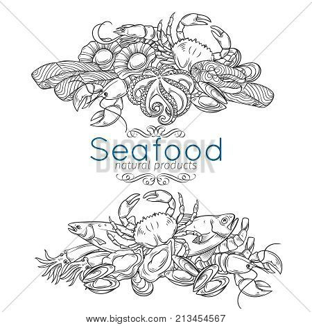 Vector banners template hand drawn seafood design with mussel, fish salmon, shrimp. Lobster, squid, octopus, scallop, lobster, craps or mollusk, oyster, alfonsino and tuna for product market.