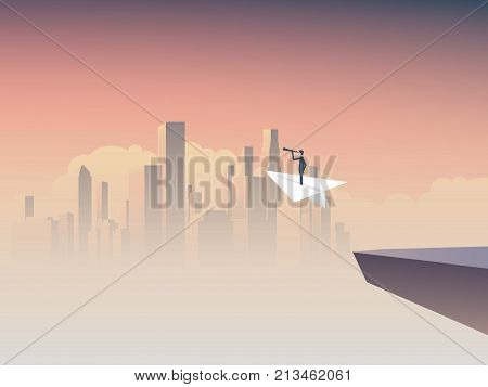 Business visionary flying on paper plane vector concept with cityscape background. Symbol of business vision, strategy, plan, ambition, motivation. Eps10 vector illustration.