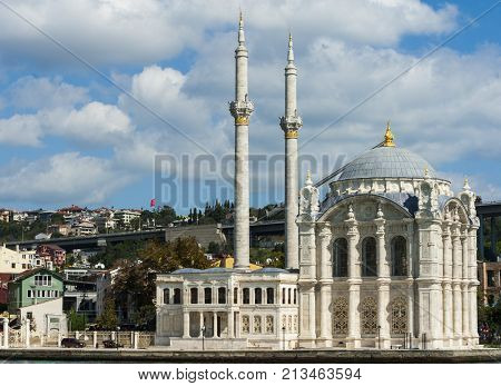 Beautiful Ortakoy Mosque seen from the Bosphorus. The mosque was built in the 19th century by sultan Abdulmecid. Istanbul, Turkey