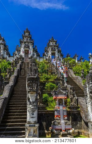 BALI INDONESIA - APRIL 27: Temple ceremony in Lempuyang on April 27, 2016 in Bali Island, Indonesia.