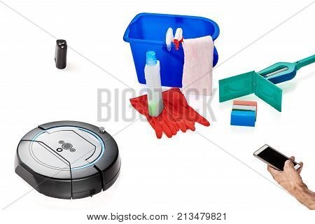 Set of tools for cleaning and hand holding remote control of robovac