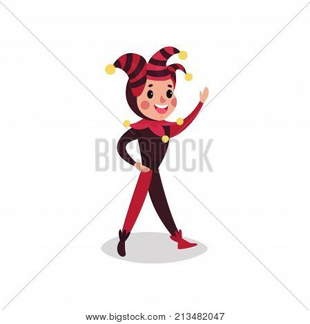 Happy joker flat cartoon character waving his hand. Boy clown in black and red costume, cap and bells. Traditional jester or festival fool wear. Comedy artist. Vector illustration isolated on white.