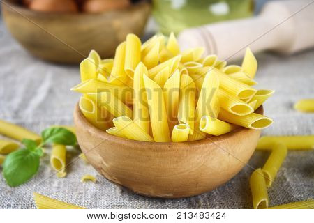 Penne Rigate. Macaroni In The Form Of Feathers. Mostaccioli Pasta.