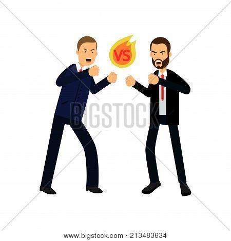 Aggressive men office workers stand in stance and ready to fight. Powerful posing. Fighting partner or colleague. Bad behavior. Cartoon people characters in business suits. Flat vector illustration.