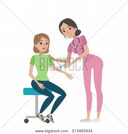 Blood test for woman. Femle doctor takes blood with injection.