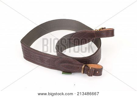 Armored Brown Leather Belt On White Isolated Background