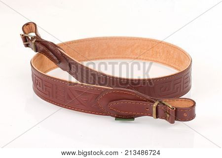 Armored Brown Leather Belt On White Isolated Background