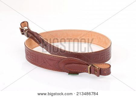 Armored Brown Leather Belt On White Isolated Background