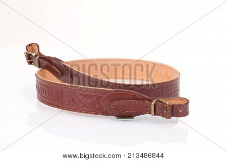 Armored Brown Leather Belt On White Isolated Background