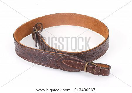 Armored Brown Leather Belt On White Isolated Background