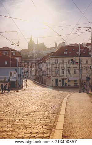 view of the old city in Prague, backlit
