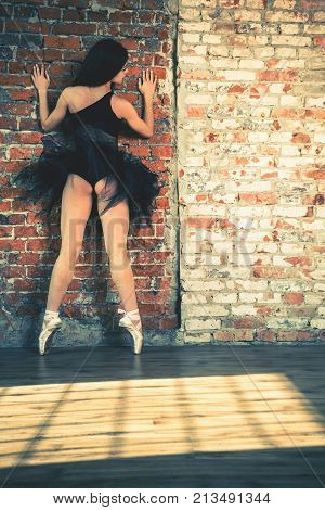 Young beautiful ballerina is posing at vintage studio. Tiptoe dancing. Classical ballet art.