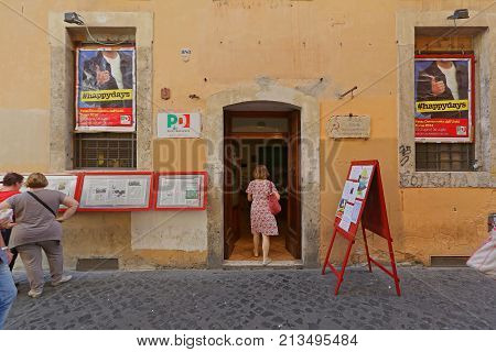 ROME ITALY - JUNE 30 2014: Democratic Party Old City Office at Giubbonari Street in Rome Italy.
