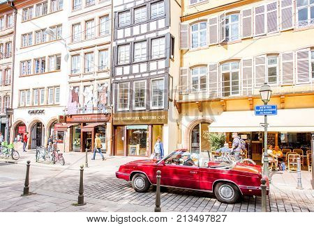 OBERNAI, FRANCE - July 26, 2017: Street view on the old village with retro car in Obernai town in Alsace region, France