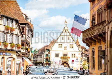 OBERNAI, FRANCE - July 26, 2017: Cityscape view on the old village with beautiful buildings in Obernai town in Alsace region, France