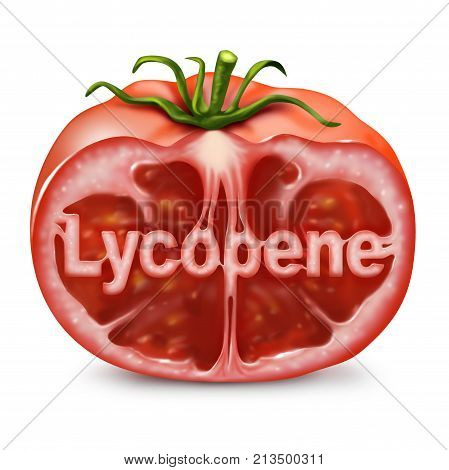 Lycopene tomato concept as a cut red fruit with text inside as a food supplement used to help with cancer prevention as a health nutrient dietary symbol.