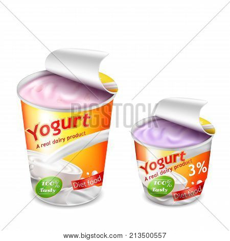 Vector 3D realistic packing for yogurt isolated on white background. Packing template, large and small plastic cup for yogurt with open lid, yellow-orange branded design