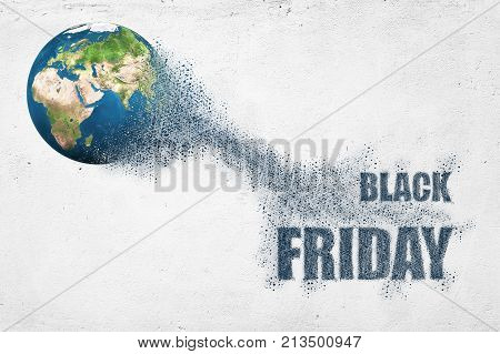 3d illustration of World disintegrates in small parts and flying into words Black Friday. Commerce concept. Elements of this image furnished by NASA