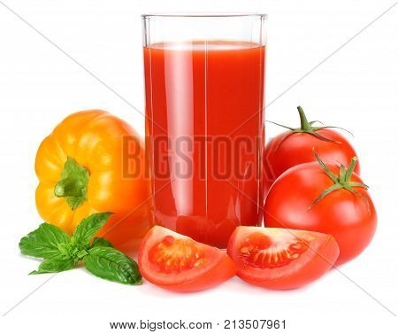 Tomato Juice Isolated On White Background. Juice In Glass