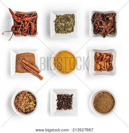 collage of different spices in a pial on a white background