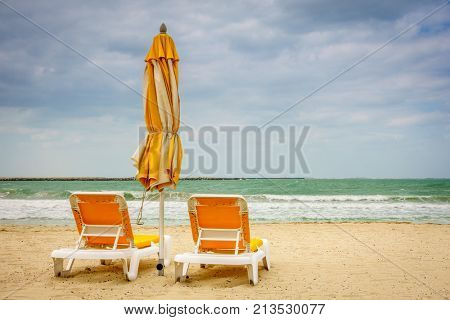 Empty beach at Al Mamzar Beach Park in Dubai, UAE