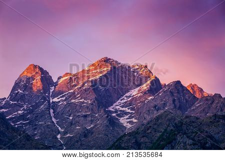 Sunset in Himalayas. Sangla valley, Himachal Pradesh, India