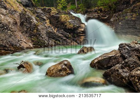 Cascade of Kuhfluchtwasserfall. Long exposure for motion blur. Farchant, Garmisch-Partenkirchen, Bavaria, Germany