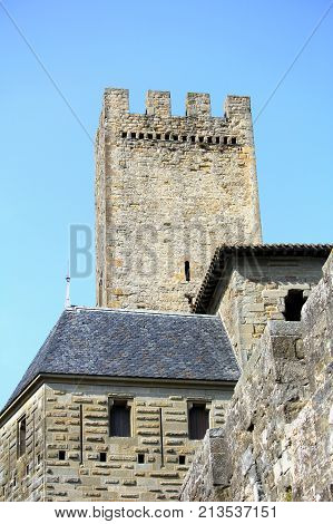 Carcassonne, Languedoc-roussillon, France - August 24 2017: Stone Tower And Rooftops In The Medieval