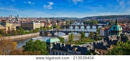 Panoramic view of bridges over Vltava river from Letni Park. Prague, Czech Republic. Stitched panorama