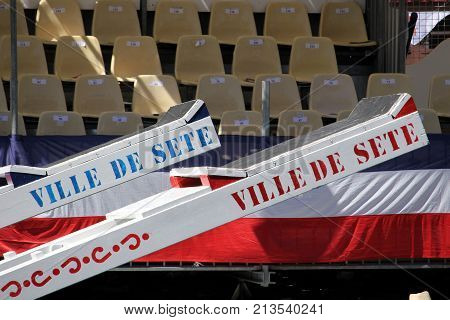 Sete, Herault, France  - Aug 21 2017: Jousting Platforms At The Front Of The Rowing Boats Used For T